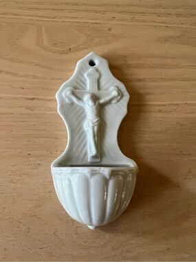 SMALL ANTIQUE HOLY WATER FONT STOUP GERMANY PORCELAIN